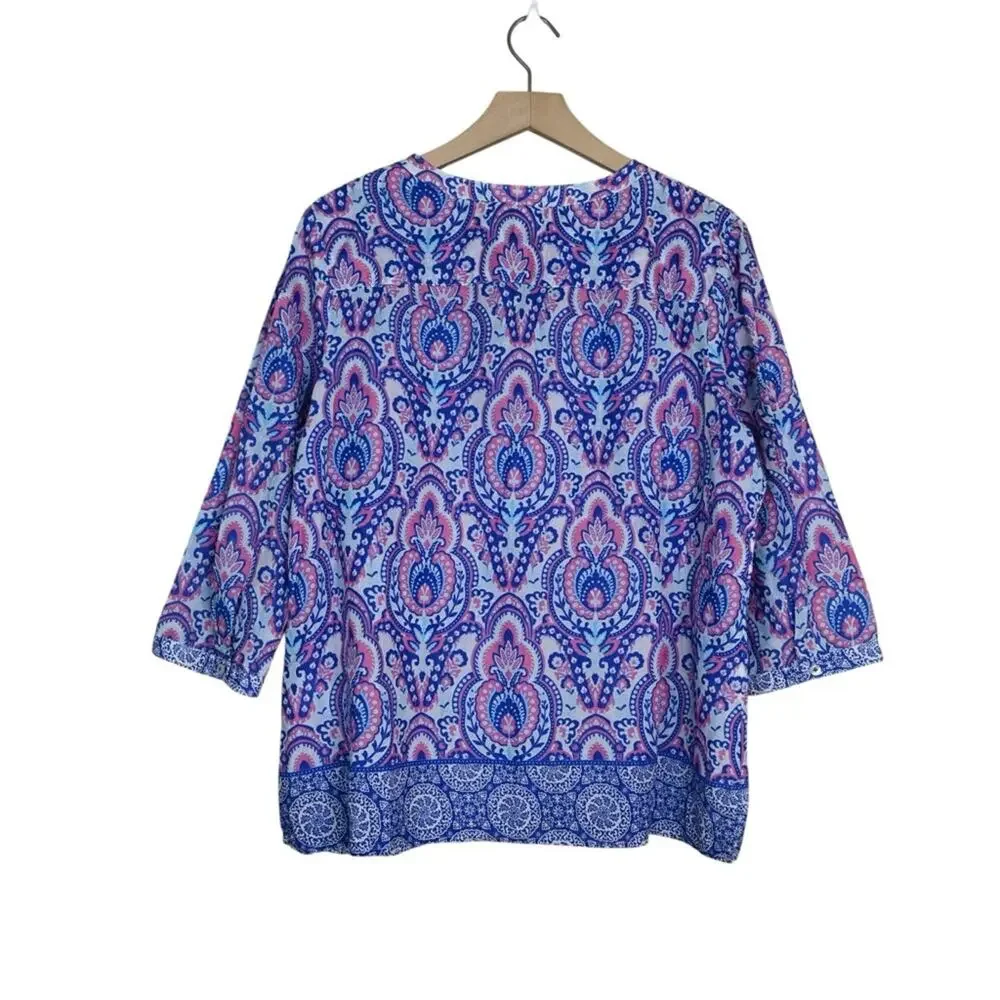 Talbots Women's XLP 3 Button Popover - Joyful Damask Top